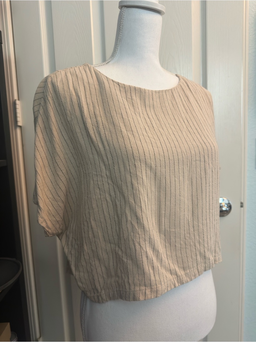 Lumiere Beige Pinstripe Relaxed Short-Sleeve Top